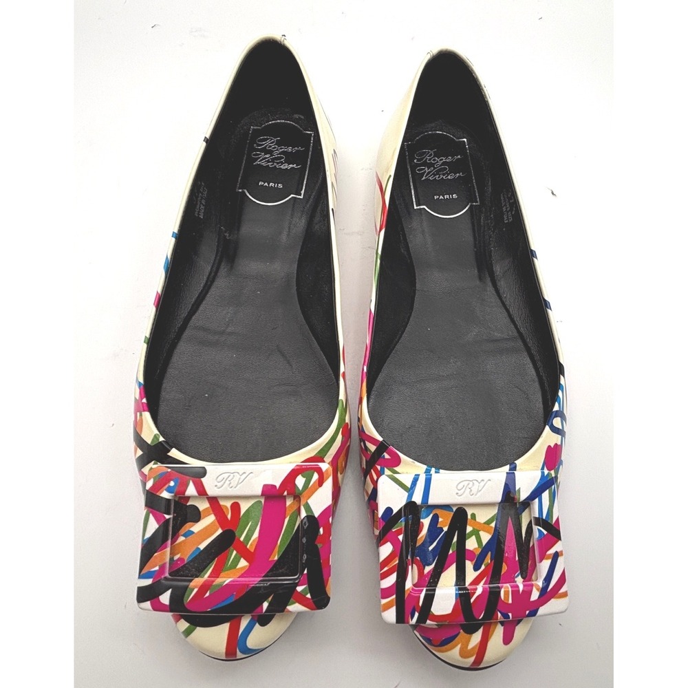 Roger Vivier Gommette Multi Color Graffiti Patent Leather Buckle Flats 37.5/7.5